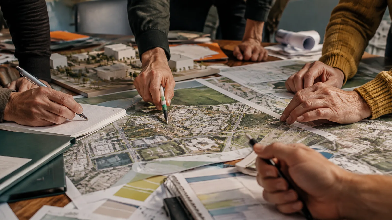 Page-specific project management scene illustrating urban planning project management