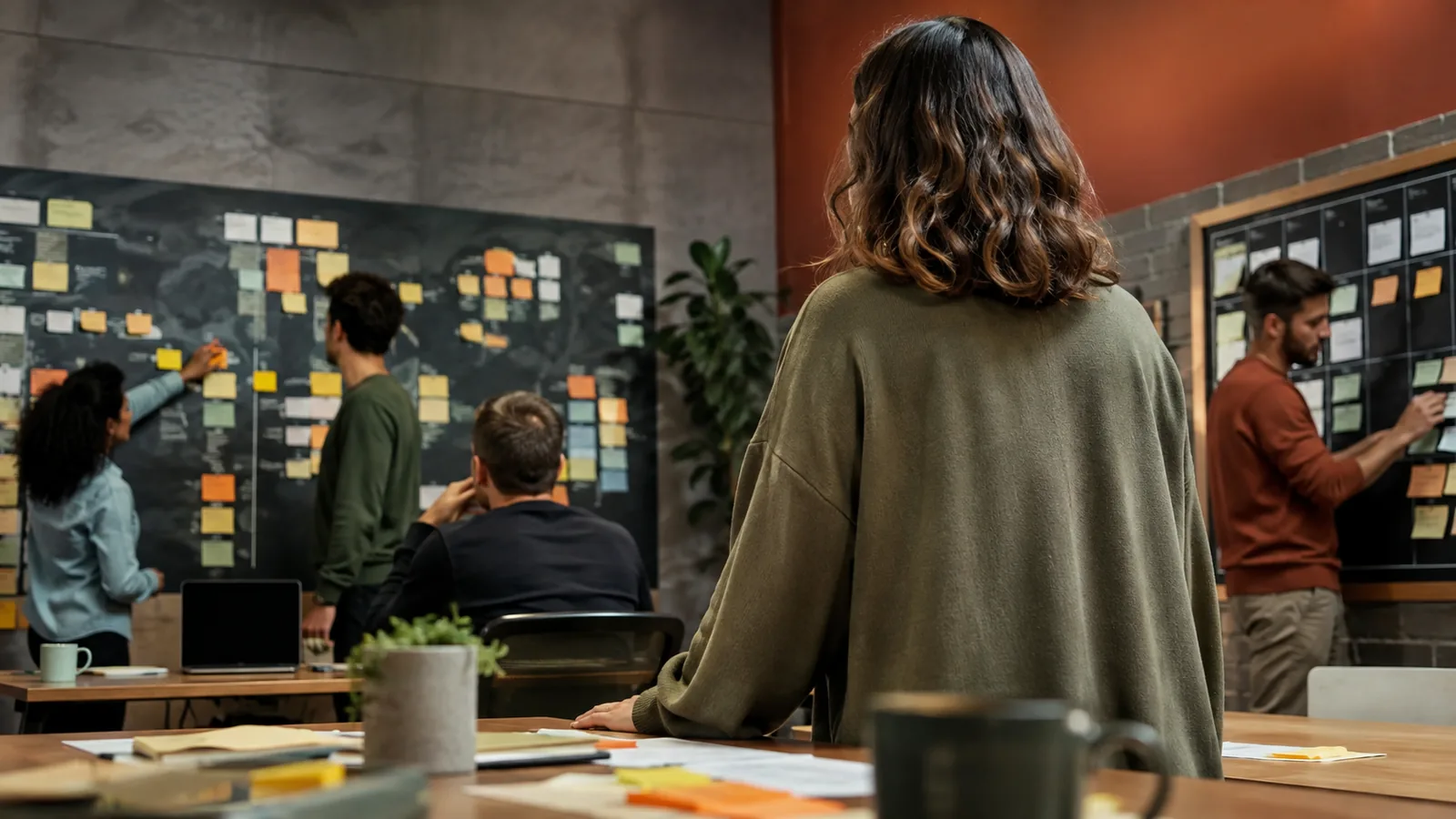 Low-angle view of a facilitator between project-wide and team-level planning boards